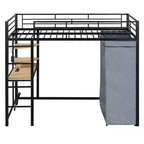 Lit mezzanine en métal avec armoire, bureau, étagères, prise de courant et éclairage LED