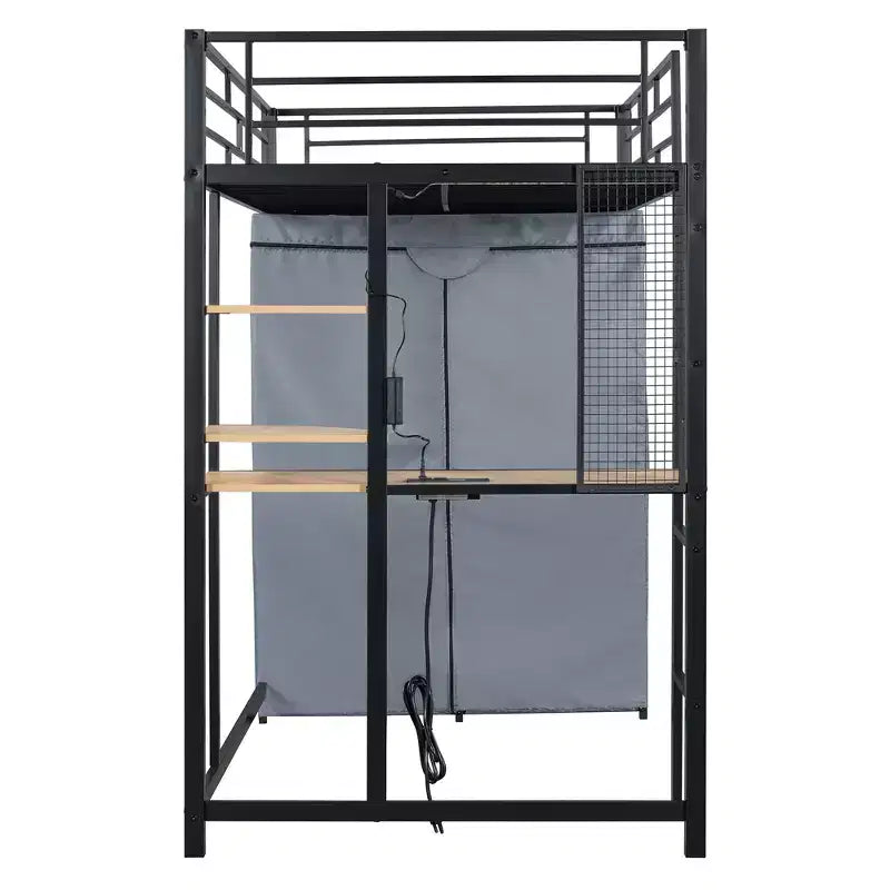 Metal Loft Bed with Wardrobe, Desk, Shelves, Power Outlet and LED Light