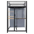 Lit mezzanine en métal avec armoire, bureau, étagères, prise de courant et éclairage LED