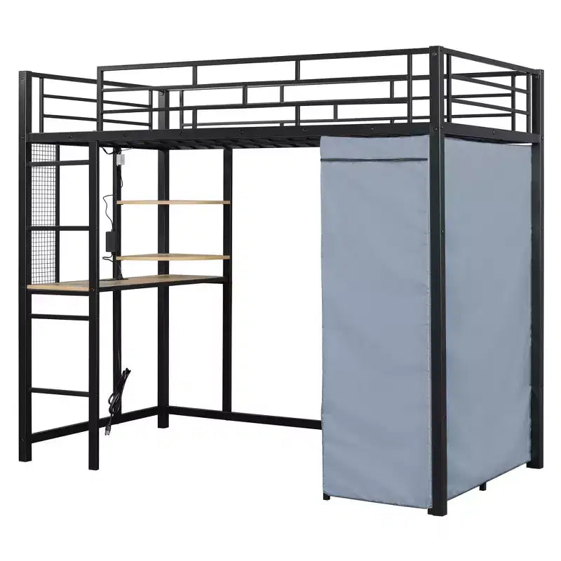 Metal Loft Bed with Wardrobe, Desk, Shelves, Power Outlet and LED Light