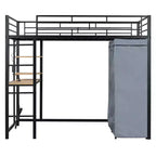 Lit mezzanine en métal avec armoire, bureau, étagères, prise de courant et éclairage LED