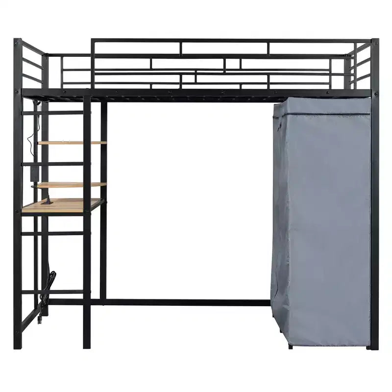 Metal Loft Bed with Wardrobe, Desk, Shelves, Power Outlet and LED Light