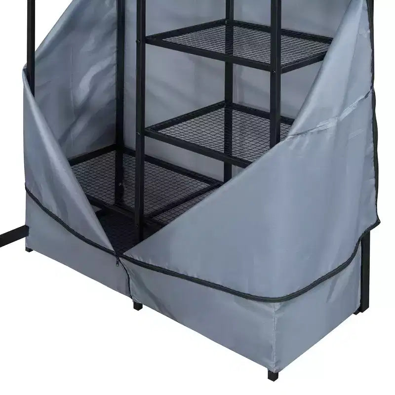 Metal Loft Bed with Wardrobe, Desk, Shelves, Power Outlet and LED Light