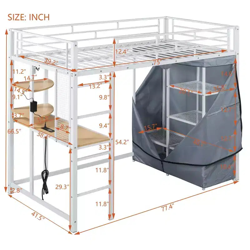 Metal Loft Bed with Wardrobe, Desk, Shelves, Power Outlet and LED Light