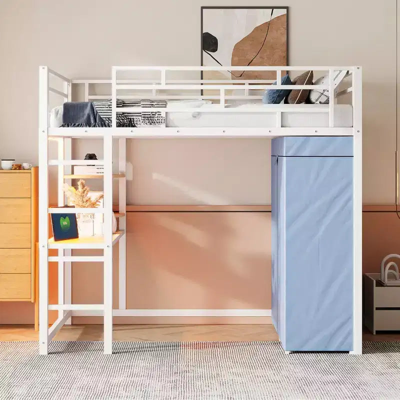 Metal Loft Bed with Wardrobe, Desk, Shelves, Power Outlet and LED Light
