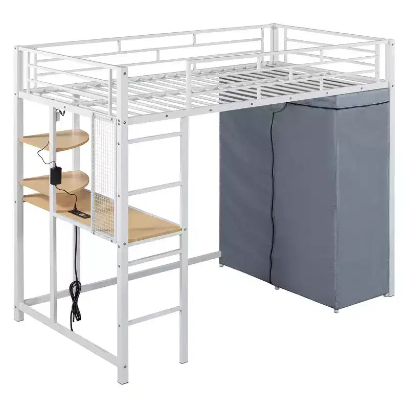 Metal Loft Bed with Wardrobe, Desk, Shelves, Power Outlet and LED Light