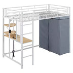 Lit mezzanine en métal avec armoire, bureau, étagères, prise de courant et éclairage LED