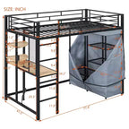 Lit mezzanine en métal avec armoire, bureau, étagères, prise de courant et éclairage LED