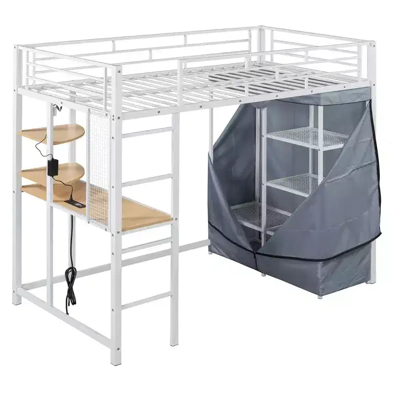 Metal Loft Bed with Wardrobe, Desk, Shelves, Power Outlet and LED Light