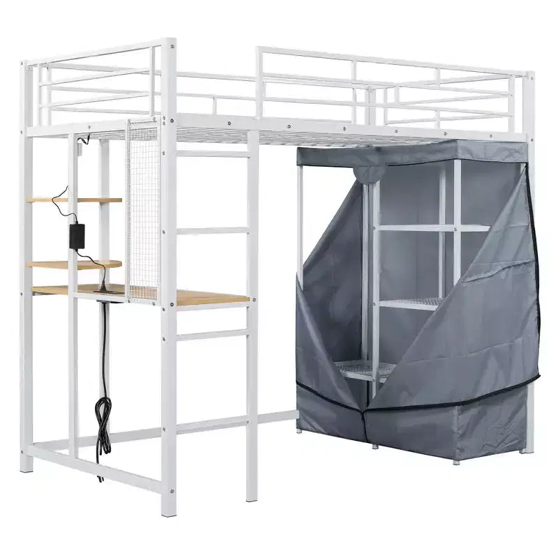 Metal Loft Bed with Wardrobe, Desk, Shelves, Power Outlet and LED Light