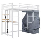 Lit mezzanine en métal avec armoire, bureau, étagères, prise de courant et éclairage LED