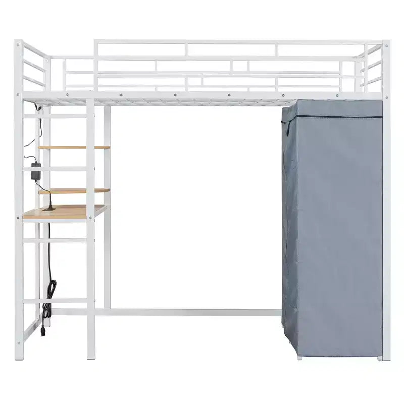 Metal Loft Bed with Wardrobe, Desk, Shelves, Power Outlet and LED Light
