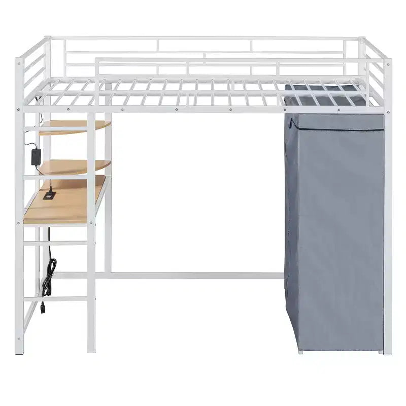 Metal Loft Bed with Wardrobe, Desk, Shelves, Power Outlet and LED Light