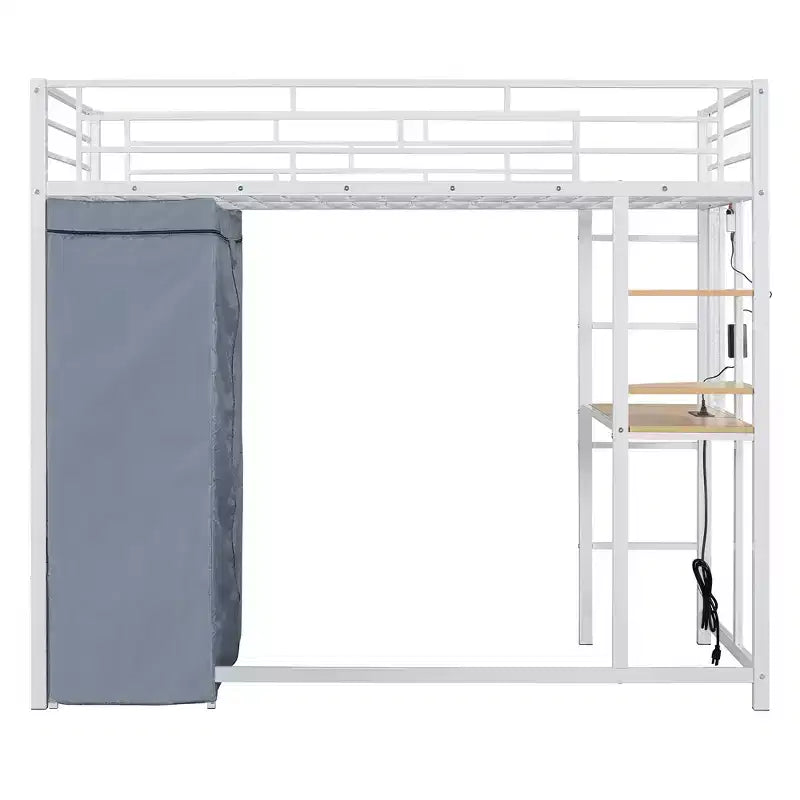 Metal Loft Bed with Wardrobe, Desk, Shelves, Power Outlet and LED Light