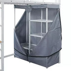Lit mezzanine en métal avec armoire, bureau, étagères, prise de courant et éclairage LED