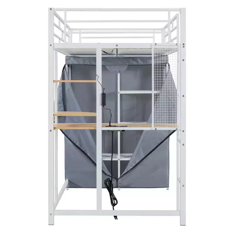 Metal Loft Bed with Wardrobe, Desk, Shelves, Power Outlet and LED Light