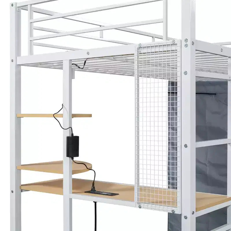 Metal Loft Bed with Wardrobe, Desk, Shelves, Power Outlet and LED Light