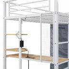 Lit mezzanine en métal avec armoire, bureau, étagères, prise de courant et éclairage LED