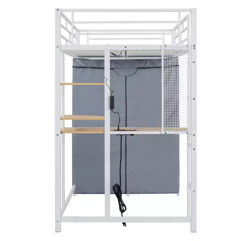 Metal Loft Bed with Wardrobe, Desk, Shelves, Power Outlet and LED Light