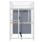 Lit mezzanine en métal avec armoire, bureau, étagères, prise de courant et éclairage LED