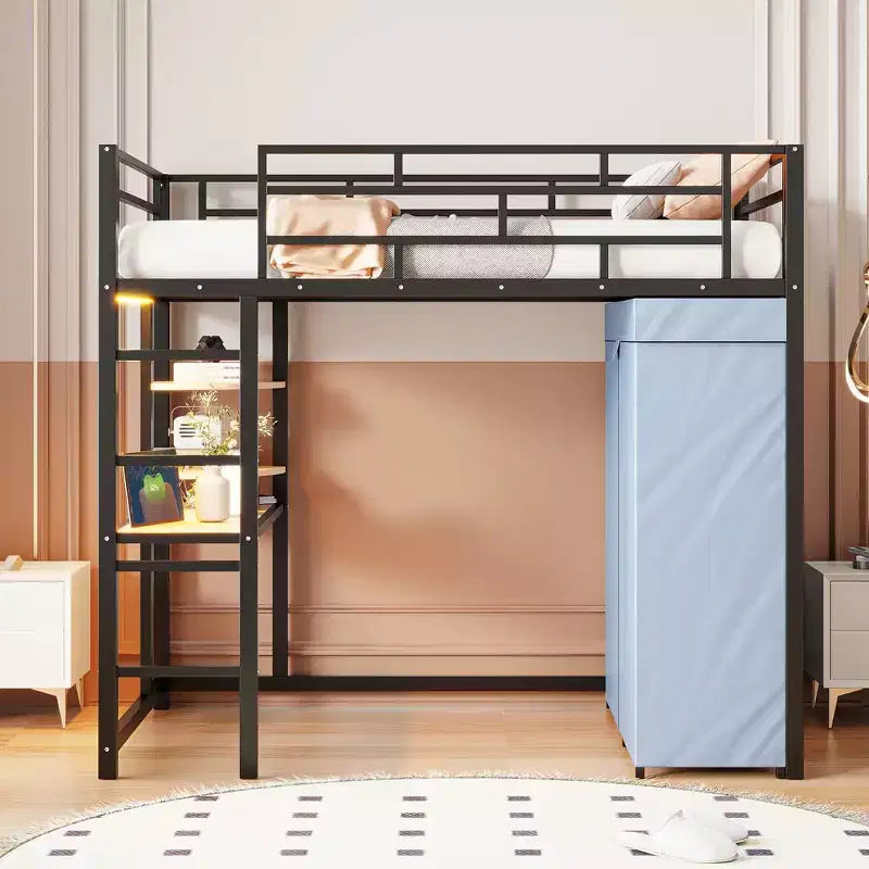 Metal Loft Bed with Wardrobe, Desk, Shelves, Power Outlet and LED Light