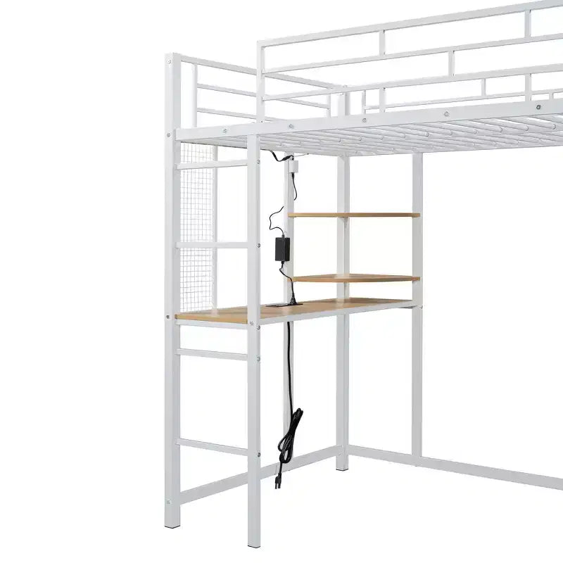 Metal Loft Bed with Wardrobe, Desk, Shelves, Power Outlet and LED Light