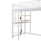 Lit mezzanine en métal avec armoire, bureau, étagères, prise de courant et éclairage LED