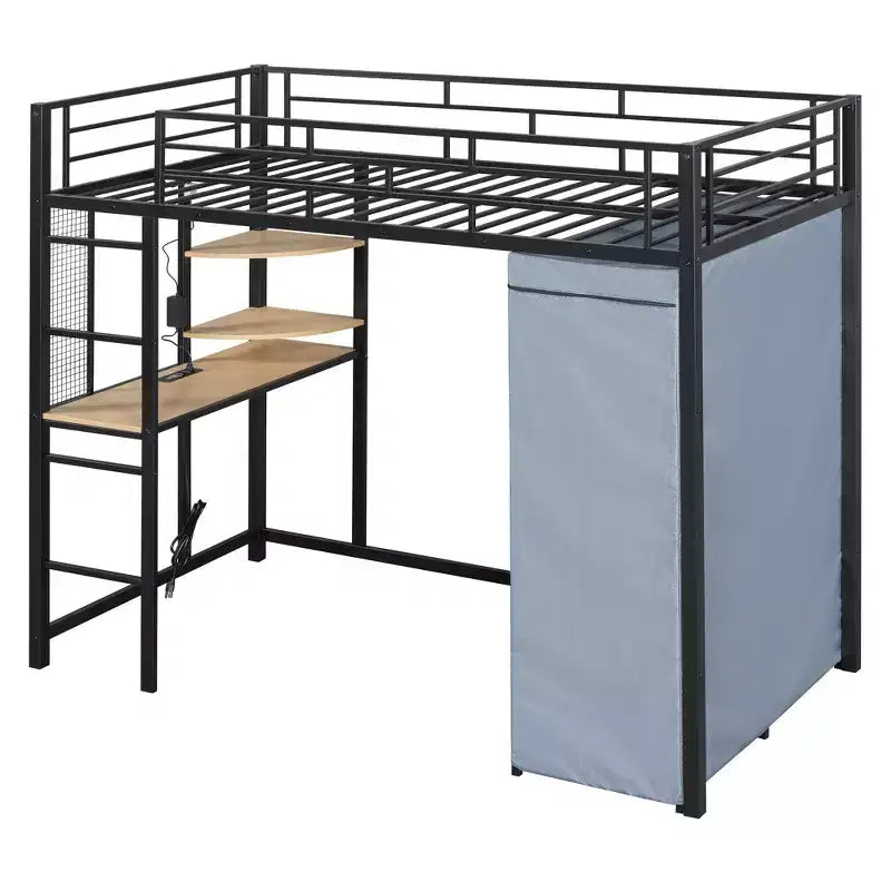 Metal Loft Bed with Wardrobe, Desk, Shelves, Power Outlet and LED Light