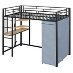 Lit mezzanine en métal avec armoire, bureau, étagères, prise de courant et éclairage LED