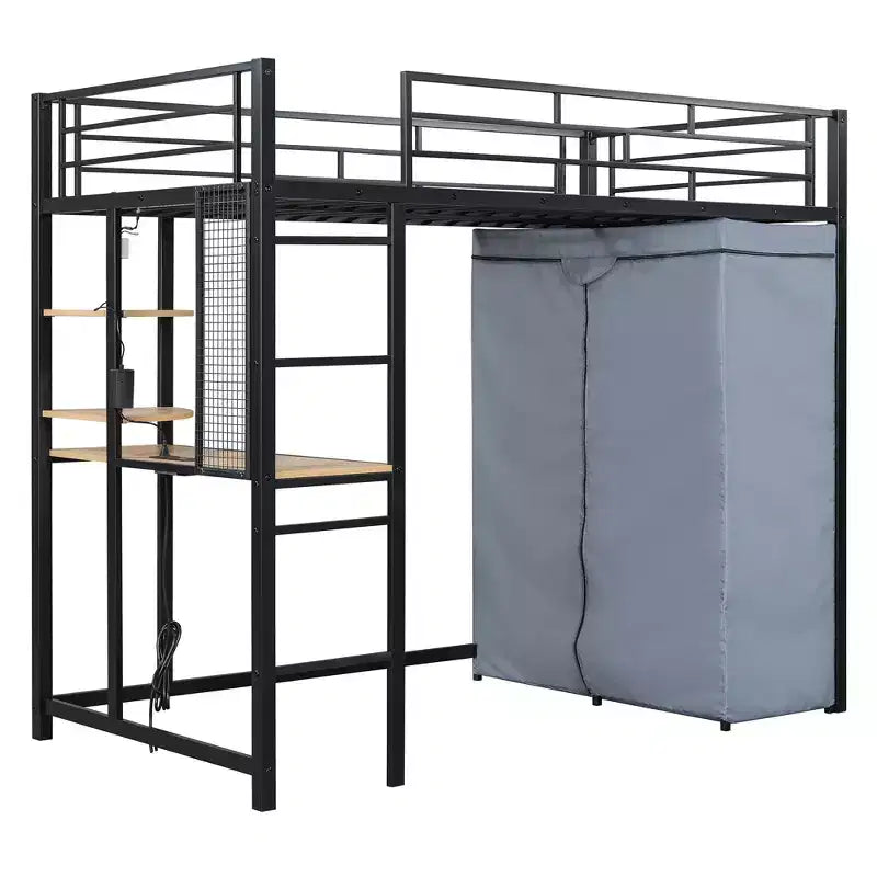 Metal Loft Bed with Wardrobe, Desk, Shelves, Power Outlet and LED Light