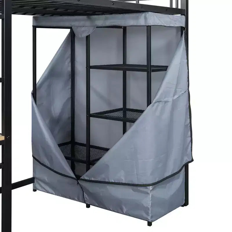 Metal Loft Bed with Wardrobe, Desk, Shelves, Power Outlet and LED Light