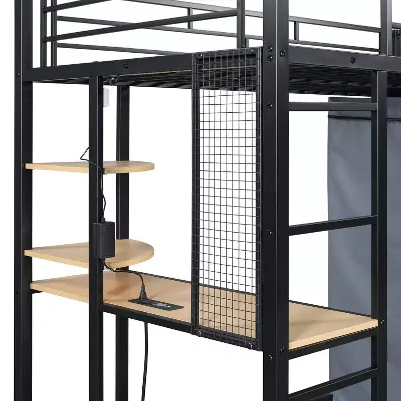 Metal Loft Bed with Wardrobe, Desk, Shelves, Power Outlet and LED Light