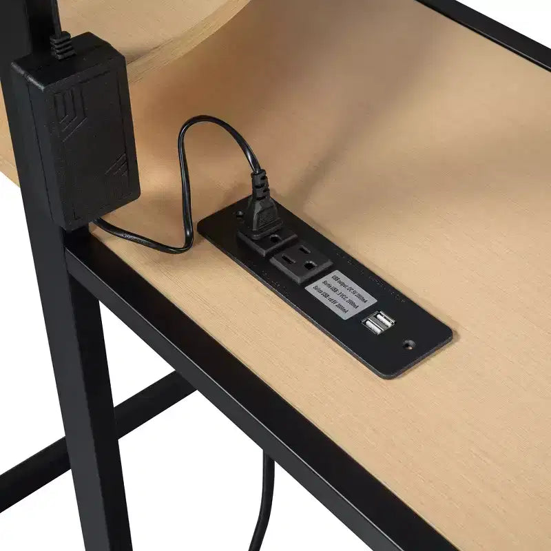 Metal Loft Bed with Wardrobe, Desk, Shelves, Power Outlet and LED Light