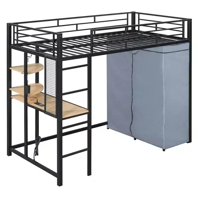 Metal Loft Bed with Wardrobe, Desk, Shelves, Power Outlet and LED Light