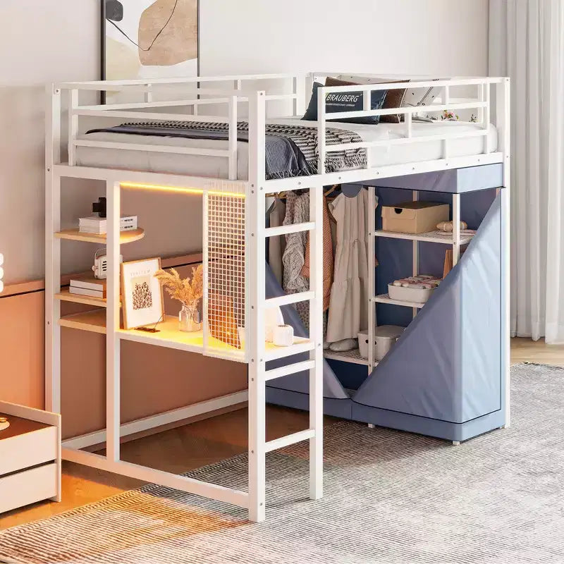 Metal Loft Bed with Wardrobe, Desk, Shelves, Power Outlet and LED Light