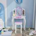 Kids Wooden Vanity Set with Stool, Tri-Fold Mirror, Large Drawer and Solid Wood Legs, Purple