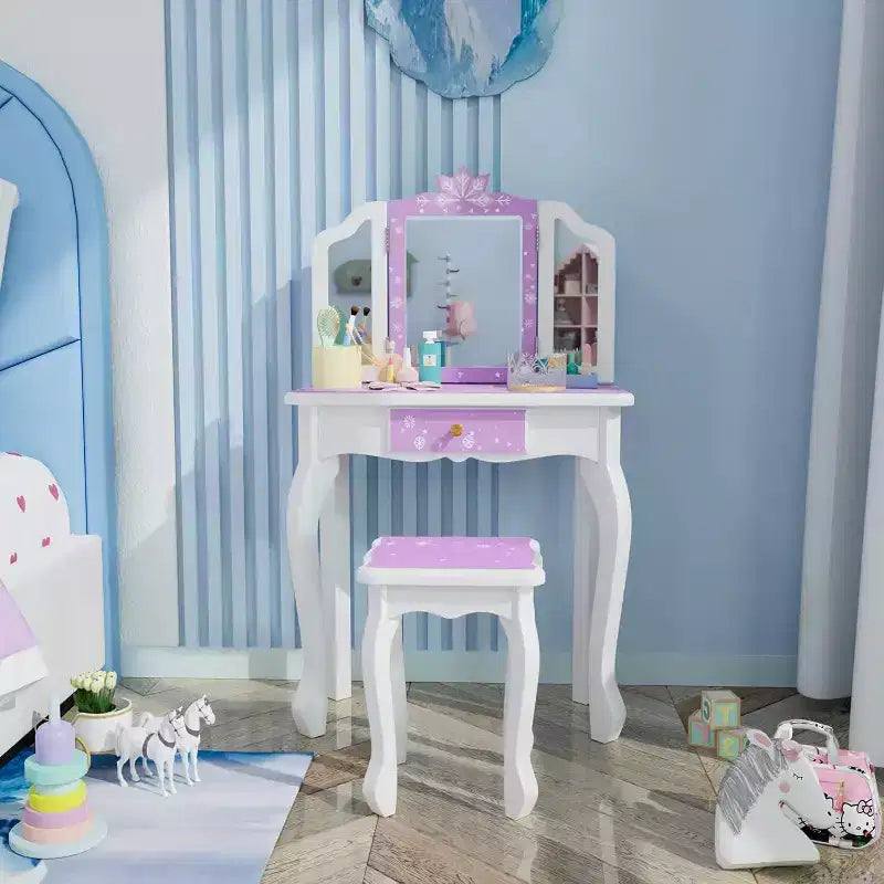 Kids Wooden Vanity Set with Stool, Tri-Fold Mirror, Large Drawer and Solid Wood Legs, Purple