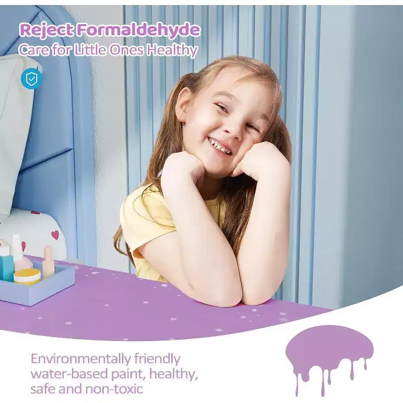 Kids Wooden Vanity Set with Stool, Tri-Fold Mirror, Large Drawer and Solid Wood Legs, Purple