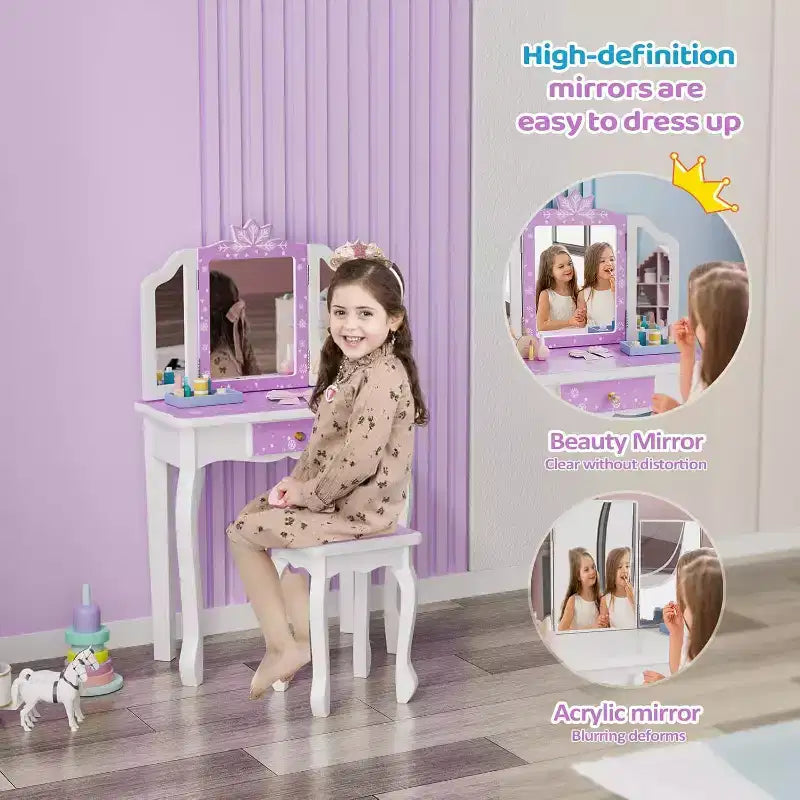 Kids Wooden Vanity Set with Stool, Tri-Fold Mirror, Large Drawer and Solid Wood Legs, Purple