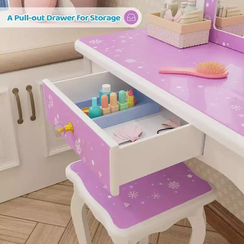 Kids Wooden Vanity Set with Stool, Tri-Fold Mirror, Large Drawer and Solid Wood Legs, Purple