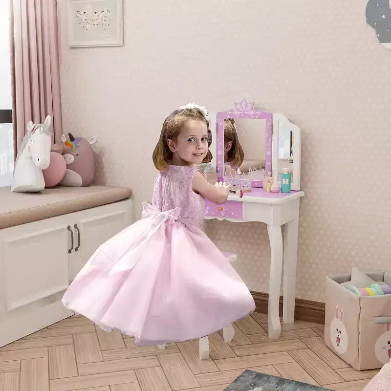 Kids Wooden Vanity Set with Stool, Tri-Fold Mirror, Large Drawer and Solid Wood Legs, Purple
