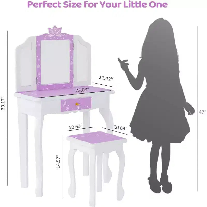 Kids Wooden Vanity Set with Stool, Tri-Fold Mirror, Large Drawer and Solid Wood Legs, Purple