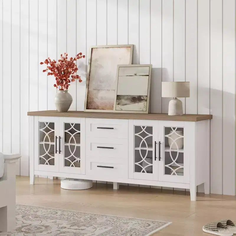 Farmhouse TV Stand for TVs up to 70 Inch, with Glass Doors, 2 Storage Cabinets and 3 Drawers, Console Table with Shelves for Bedroom and Living Room