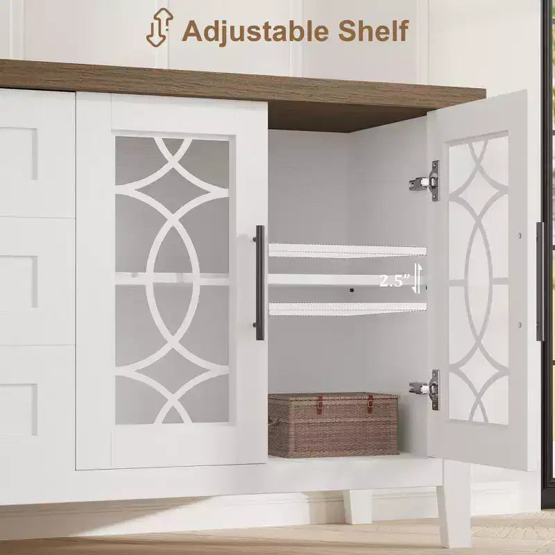 Farmhouse TV Stand for TVs up to 70 Inch, with Glass Doors, 2 Storage Cabinets and 3 Drawers, Console Table with Shelves for Bedroom and Living Room