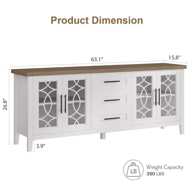 Farmhouse TV Stand for TVs up to 70 Inch, with Glass Doors, 2 Storage Cabinets and 3 Drawers, Console Table with Shelves for Bedroom and Living Room