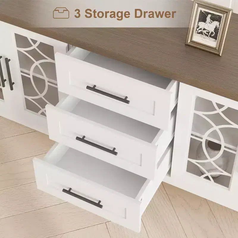 Farmhouse TV Stand for TVs up to 70 Inch, with Glass Doors, 2 Storage Cabinets and 3 Drawers, Console Table with Shelves for Bedroom and Living Room