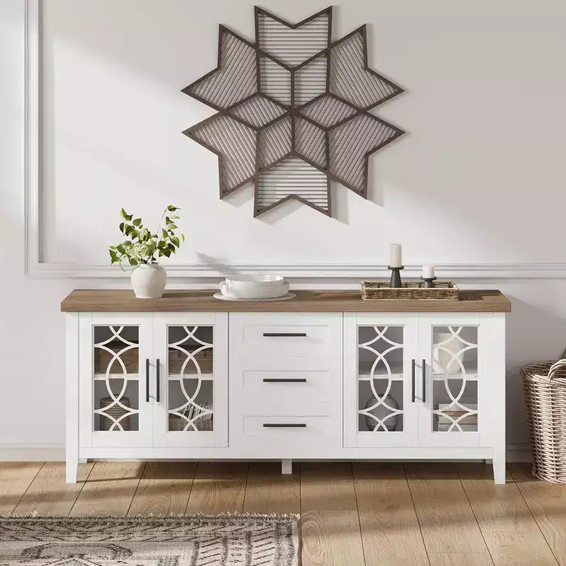 Farmhouse TV Stand for TVs up to 70 Inch, with Glass Doors, 2 Storage Cabinets and 3 Drawers, Console Table with Shelves for Bedroom and Living Room