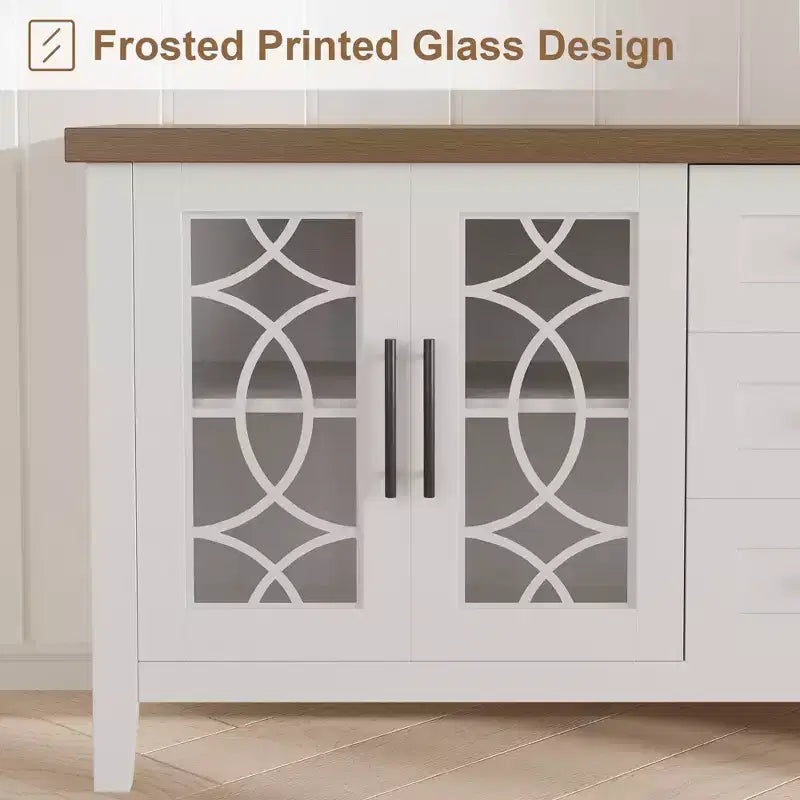 Farmhouse TV Stand for TVs up to 70 Inch, with Glass Doors, 2 Storage Cabinets and 3 Drawers, Console Table with Shelves for Bedroom and Living Room