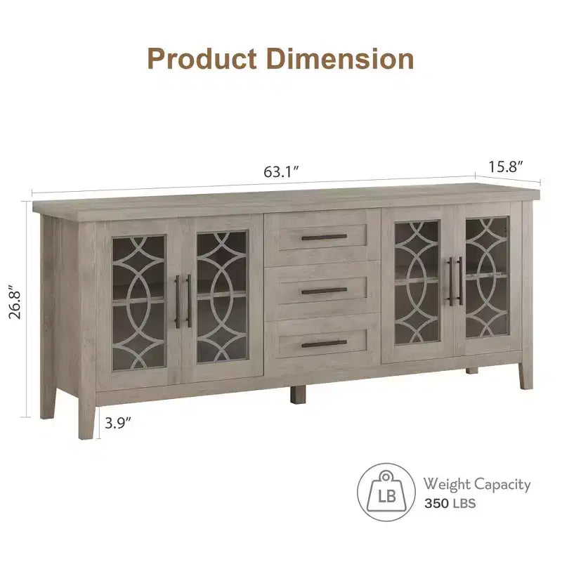 Farmhouse TV Stand for TVs up to 70 Inch, with Glass Doors, 2 Storage Cabinets and 3 Drawers, Console Table with Shelves for Bedroom and Living Room
