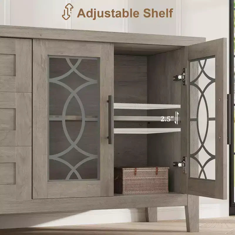 Farmhouse TV Stand for TVs up to 70 Inch, with Glass Doors, 2 Storage Cabinets and 3 Drawers, Console Table with Shelves for Bedroom and Living Room